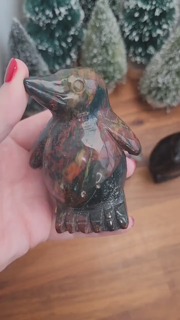 Crystal Penguin: Ocean Jasper & Silver Sheen Obsidian Holiday Decor