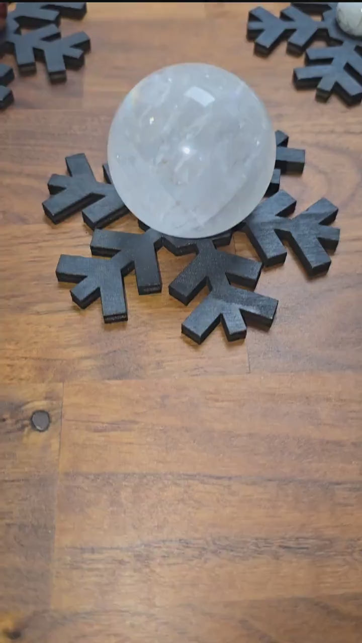 Black Wood Snowflake Crystal Sphere Stand - Gothic Winter Decor