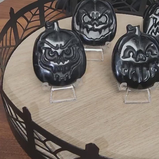 Inv - Scary Pumpkin Face Crystals | Black Obsidian Flat Stones with Spooky Season Emoji Expressions | Jack-O’Lantern Goth Gifts Boo Basket