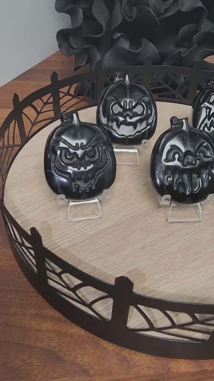 Inv - Scary Pumpkin Face Crystals | Black Obsidian Flat Stones with Spooky Season Emoji Expressions | Jack-O’Lantern Goth Gifts Boo Basket