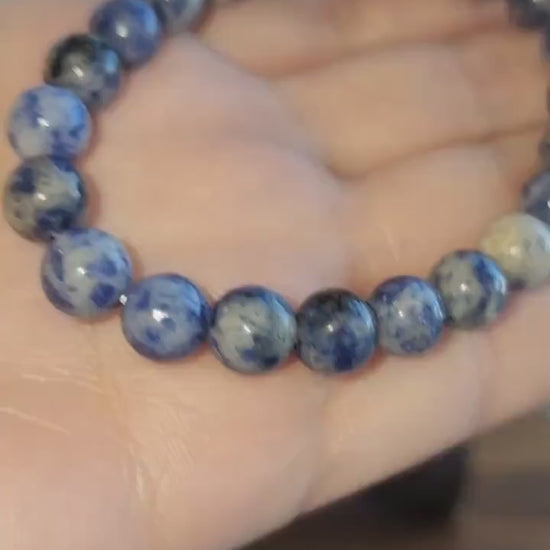 Blue Spotted Jasper | 8MM Crystal Bracelet | Beautiful Blue, White, Black & Gray Patterned Beads on Stretchy Band | Winter Confetti Add On