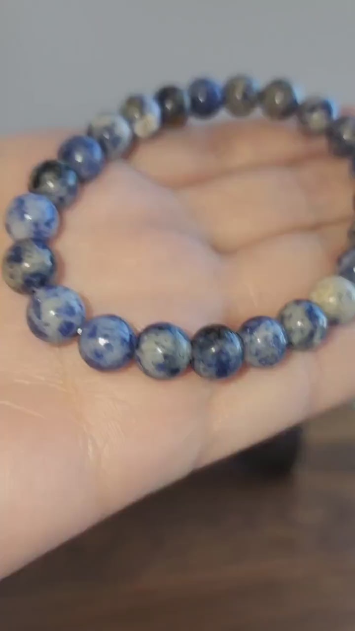 Blue Spotted Jasper | 8MM Crystal Bracelet | Beautiful Blue, White, Black & Gray Patterned Beads on Stretchy Band | Winter Confetti Add On