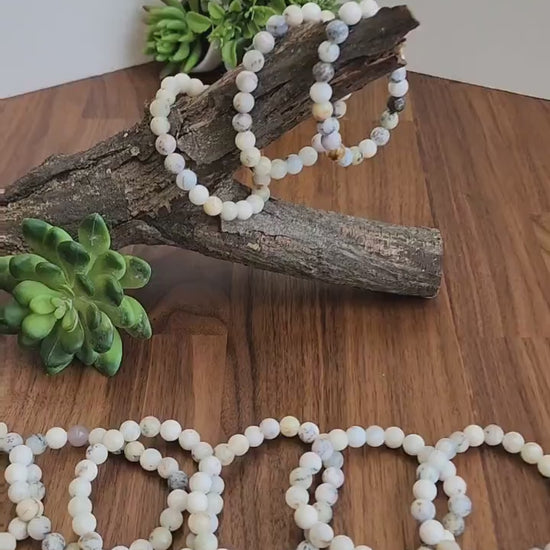 White Dendritic Opal Bracelet: 8MM Natural Crystal Tree Agate Beads | Rare Black and Gray Inclusions | Unique High Quality Gemstone Gifts