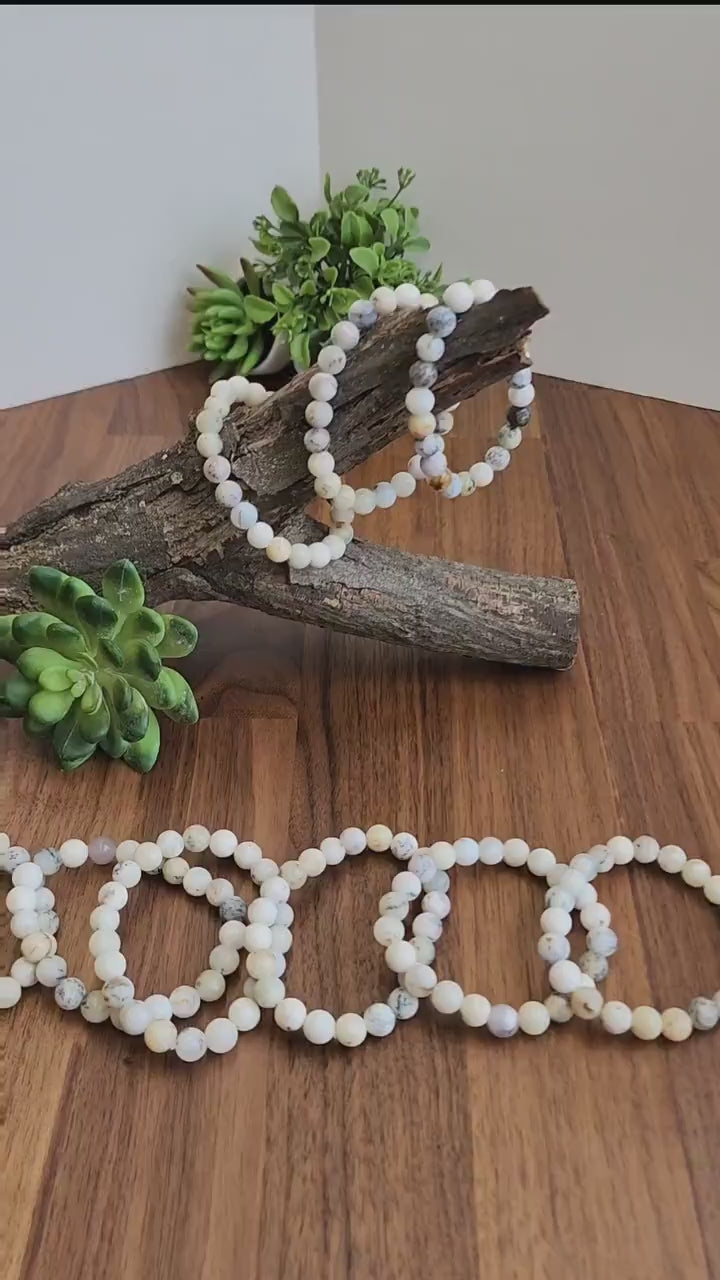 White Dendritic Opal Bracelet: 8MM Natural Crystal Tree Agate Beads | Rare Black and Gray Inclusions | Unique High Quality Gemstone Gifts