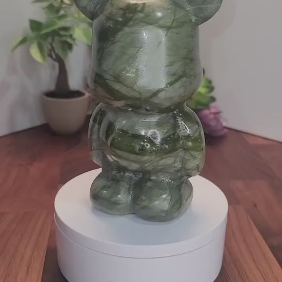 Green Jade Crystal Heart Bear: Hand-Carved Figurine, 6-Inch Sculpture