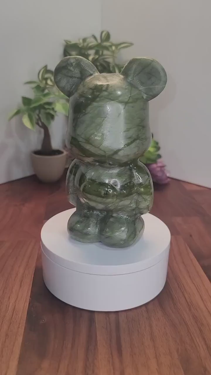 Green Jade Crystal Heart Bear: Hand-Carved Figurine, 6-Inch Sculpture