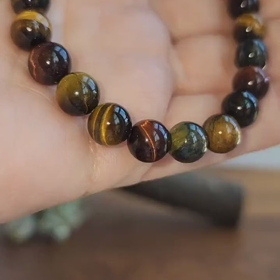 Mixed Tiger Eye Bracelet: Red, Blue & Yellow 8MM Crystal Beads