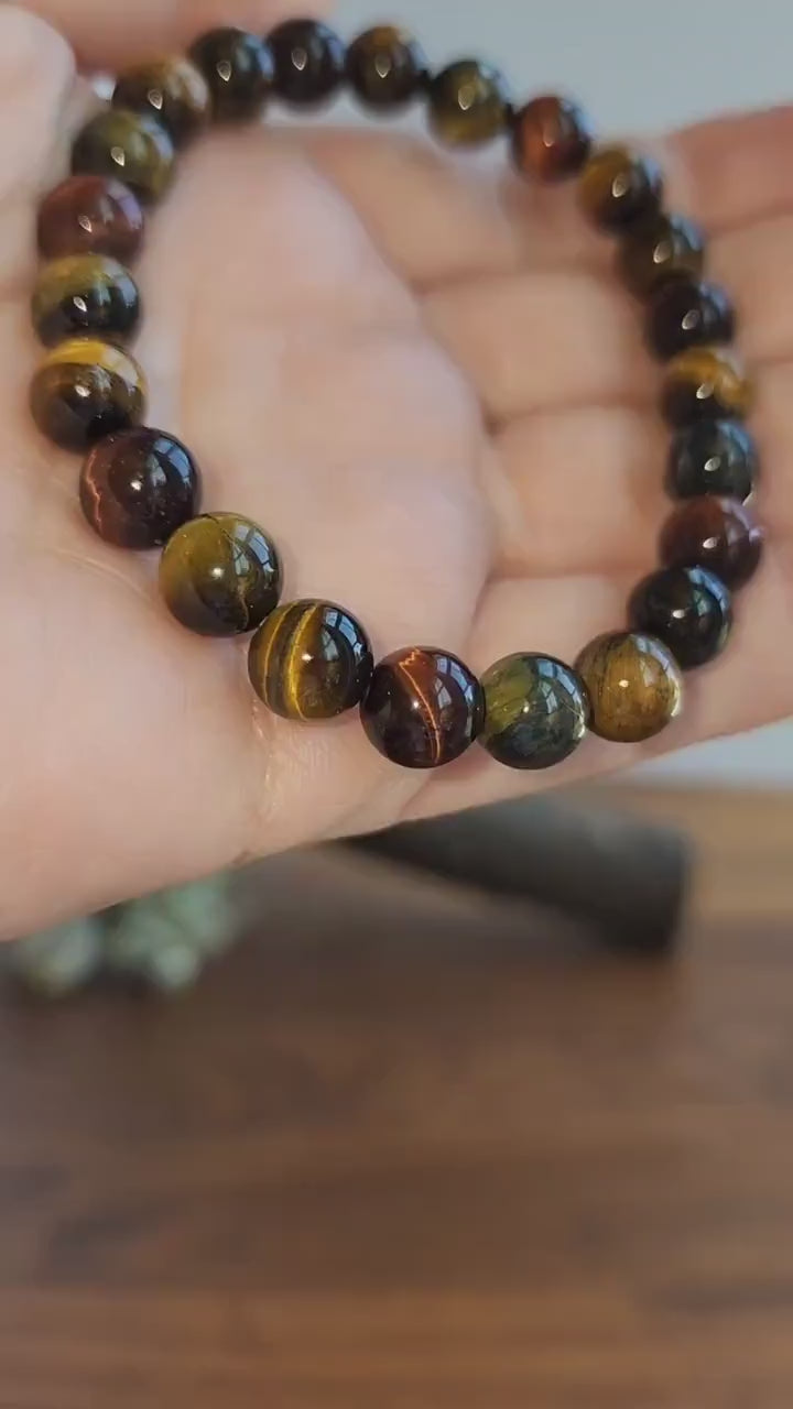 Mixed Tiger Eye Bracelet: Red, Blue & Yellow 8MM Crystal Beads