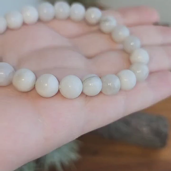 Rare White Crazy Lace Agate Bracelet: 8MM Crystal Beads on Stretchy Band | Minimalist Handmade Jewelry | Boho Chic Winter