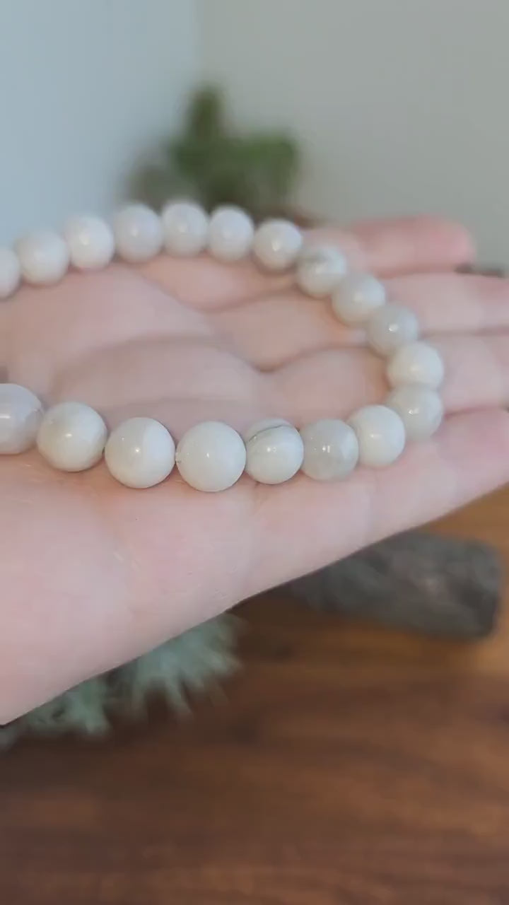 Rare White Crazy Lace Agate Bracelet: 8MM Crystal Beads on Stretchy Band | Minimalist Handmade Jewelry | Boho Chic Winter