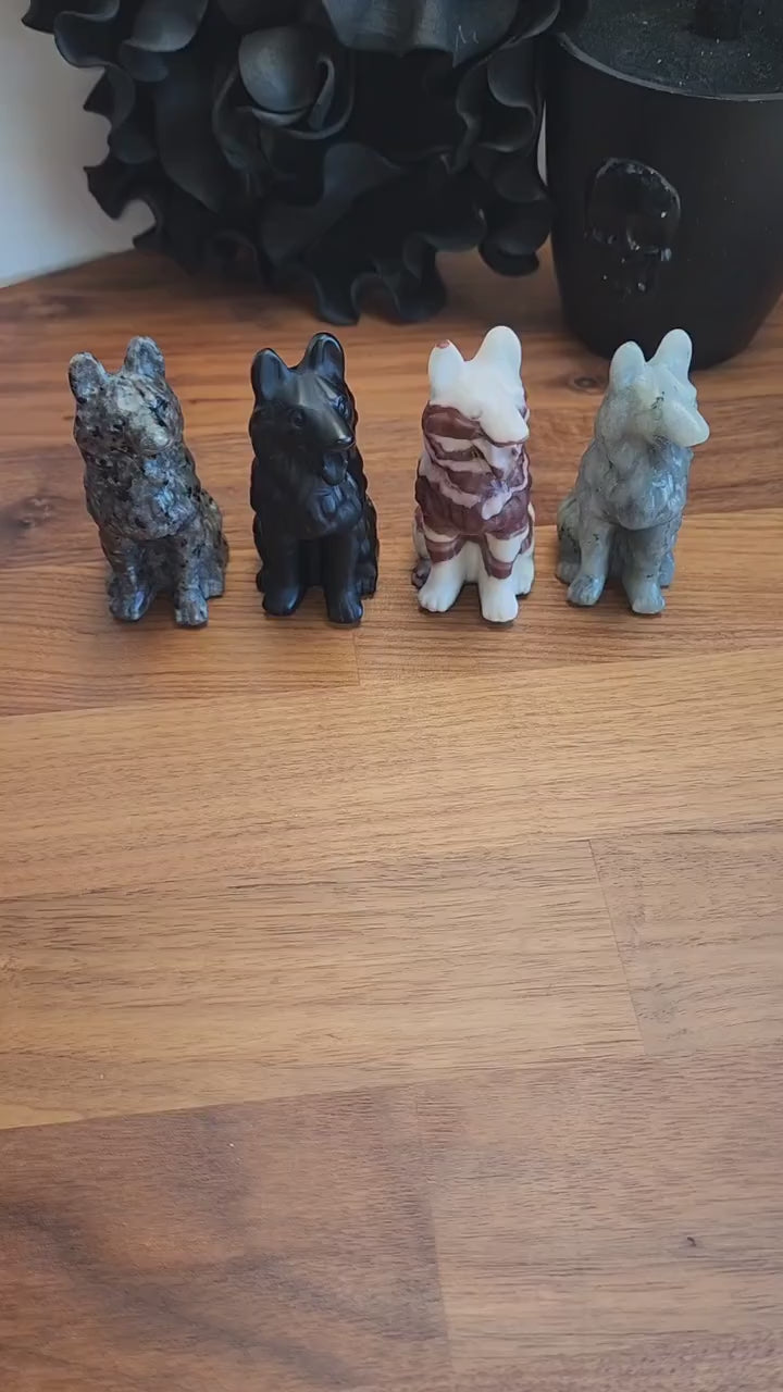 German Shepherd Crystal Carving: Brown, Black & Gray Stone - Rainbow Bridge Tribute