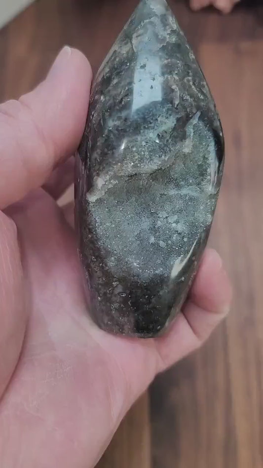 Sparkling Sphalerite Crystal Carving: Black and Gray Druzy