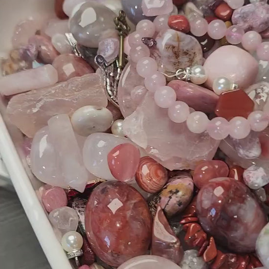 Pink Crystal Confetti Mix: Rose Quartz, Worry Stones & Charm Bracelet