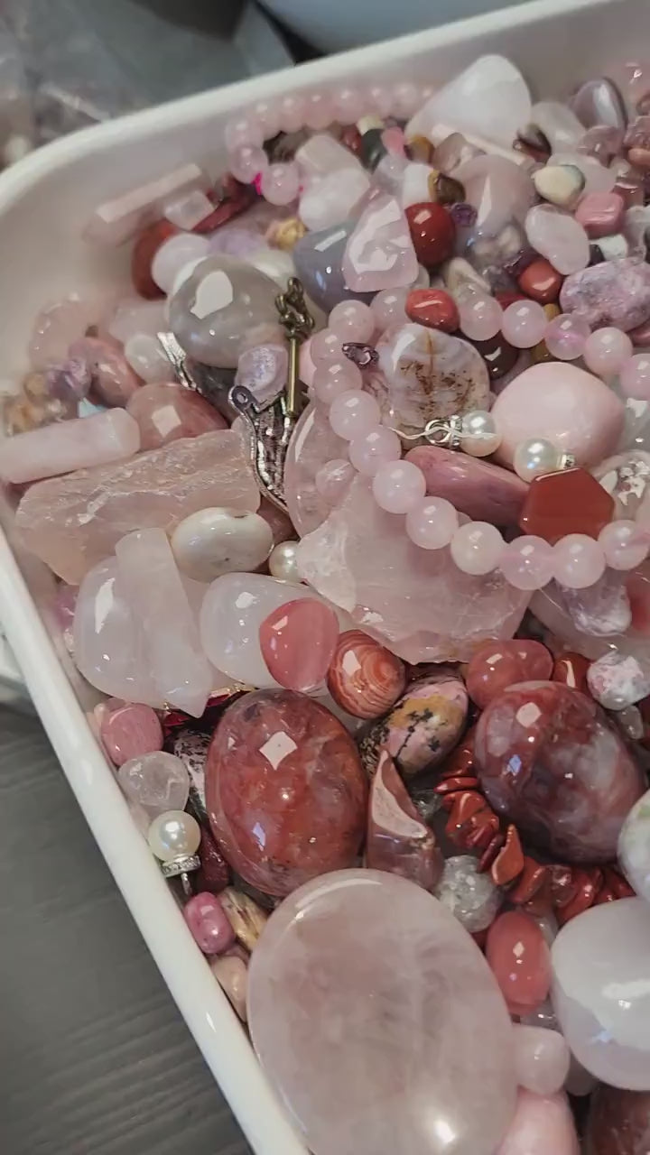 Pink Crystal Confetti Mix: Rose Quartz, Worry Stones & Charm Bracelet