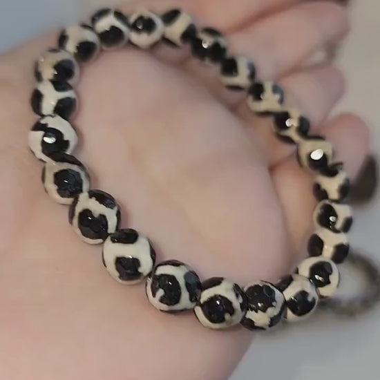Faceted Tibetan Agate Bracelet: Black & White Dzi Crystal, Evil Eye