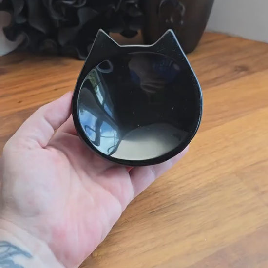 Black Obsidian Cat Bowl | Crystal Jewelry Dish Ring Holder | Gothic Halloween Spooky Season Decor Gift for Cat Lovers