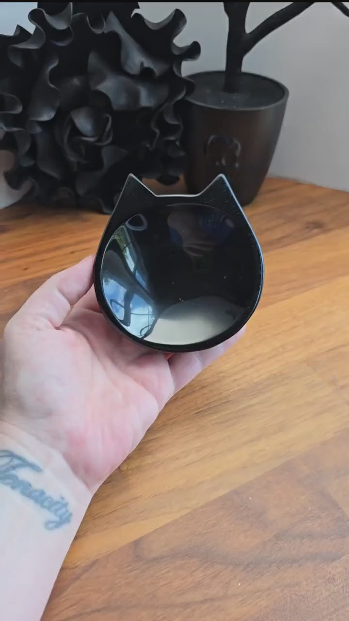 Black Obsidian Cat Bowl | Crystal Jewelry Dish Ring Holder | Gothic Halloween Spooky Season Decor Gift for Cat Lovers