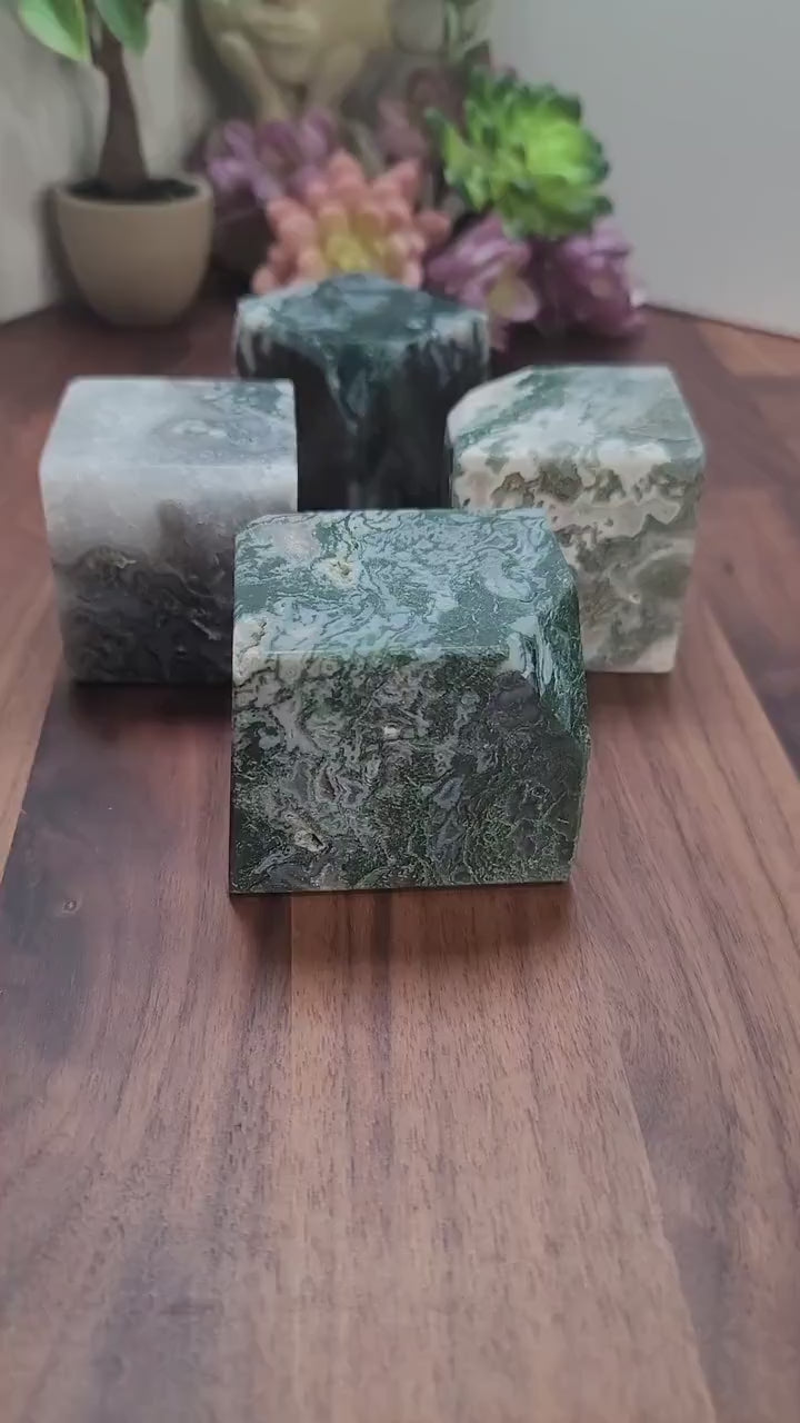 Druzy Moss Agate Cube: Large Green and Blue Crystal (Unique Natural Stone)