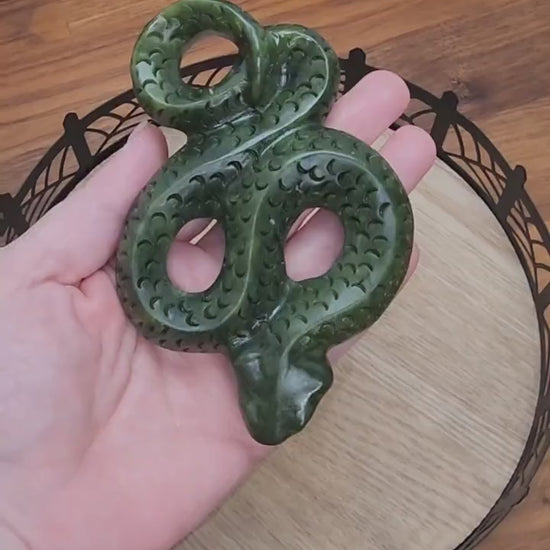 Inv - Green Jade Snake Figurine - Detailed Crystal Carving for Spooky Decor