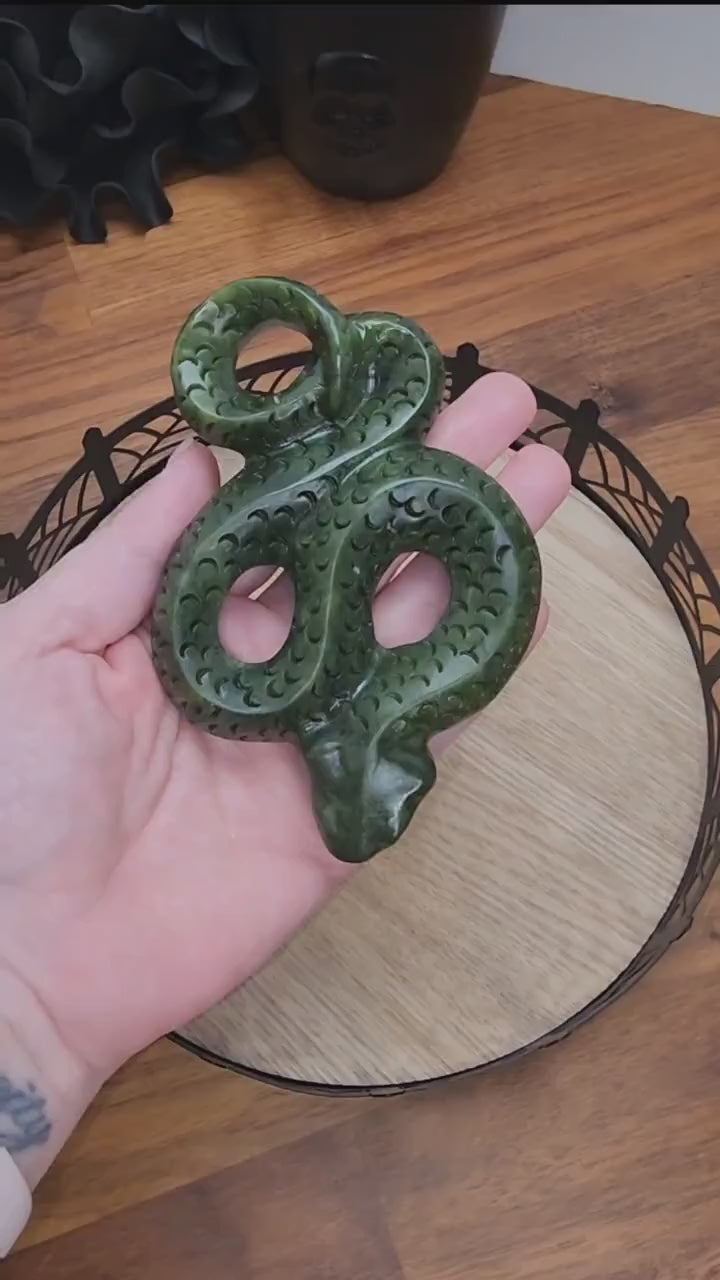 Inv - Green Jade Snake Figurine - Detailed Crystal Carving for Spooky Decor