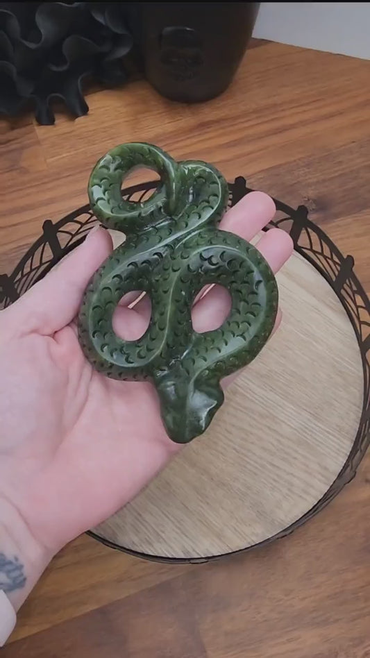 Inv - Green Jade Snake Figurine - Detailed Crystal Carving for Spooky Decor