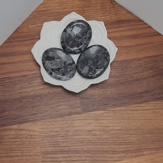 Larvikite Crystal Worry Stone: Silver Gray with Blue Flash