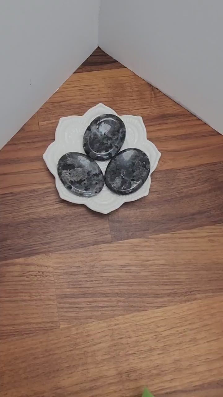 Larvikite Crystal Worry Stone: Silver Gray with Blue Flash