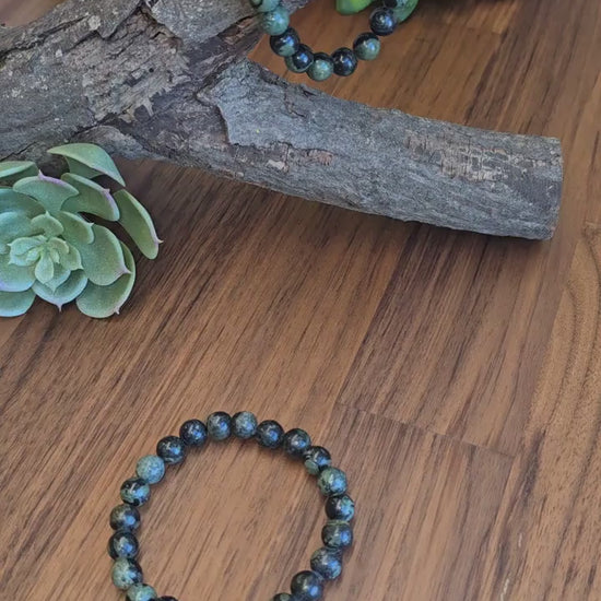Inv - Kambaba Jasper Bracelet: 8MM Dark Green Crystal Beads | Evil Eye patterns and swirls in deep Forest Colors | Subtle gift for him