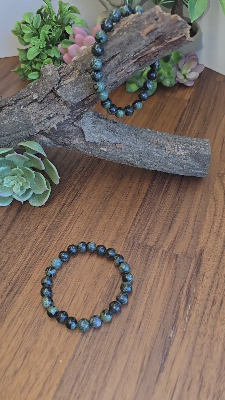 Inv - Kambaba Jasper Bracelet: 8MM Dark Green Crystal Beads | Evil Eye patterns and swirls in deep Forest Colors | Subtle gift for him