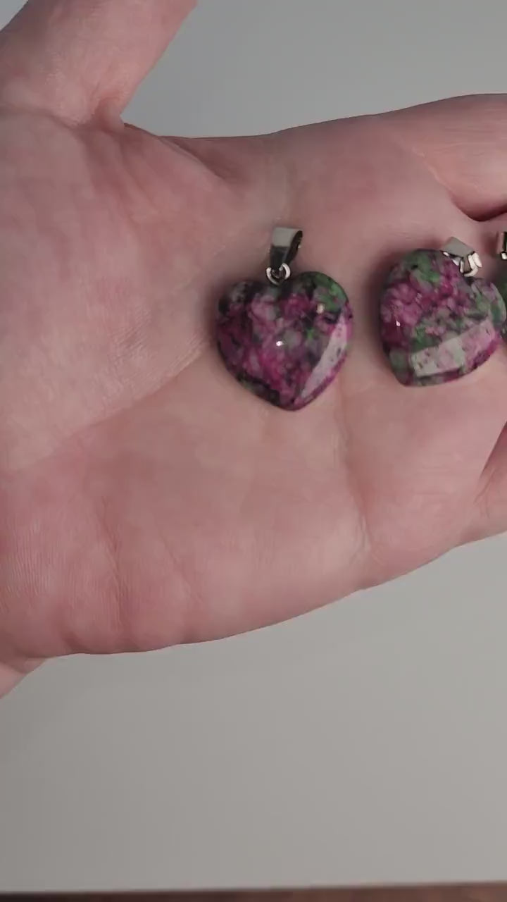 Ruby in Zoisite Heart Pendant, Crystal Necklace Charm (Green Pink Stone)