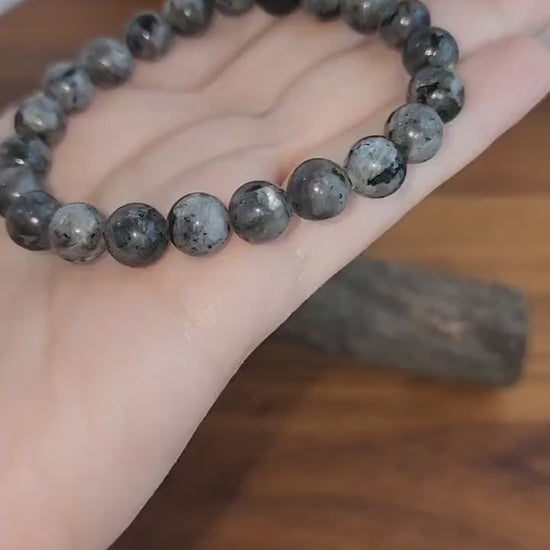 Larvikite Crystal Bracelet: 8MM Silver Flash Gemstone Beads