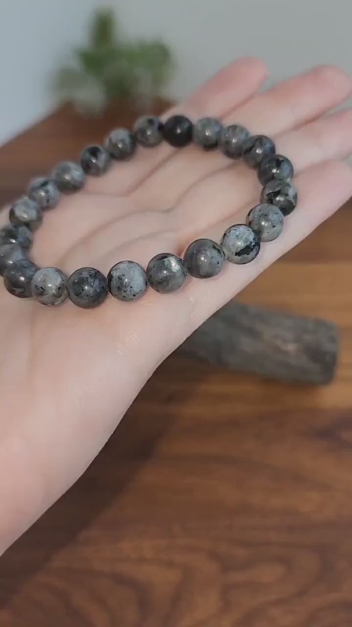 Larvikite Crystal Bracelet: 8MM Silver Flash Gemstone Beads