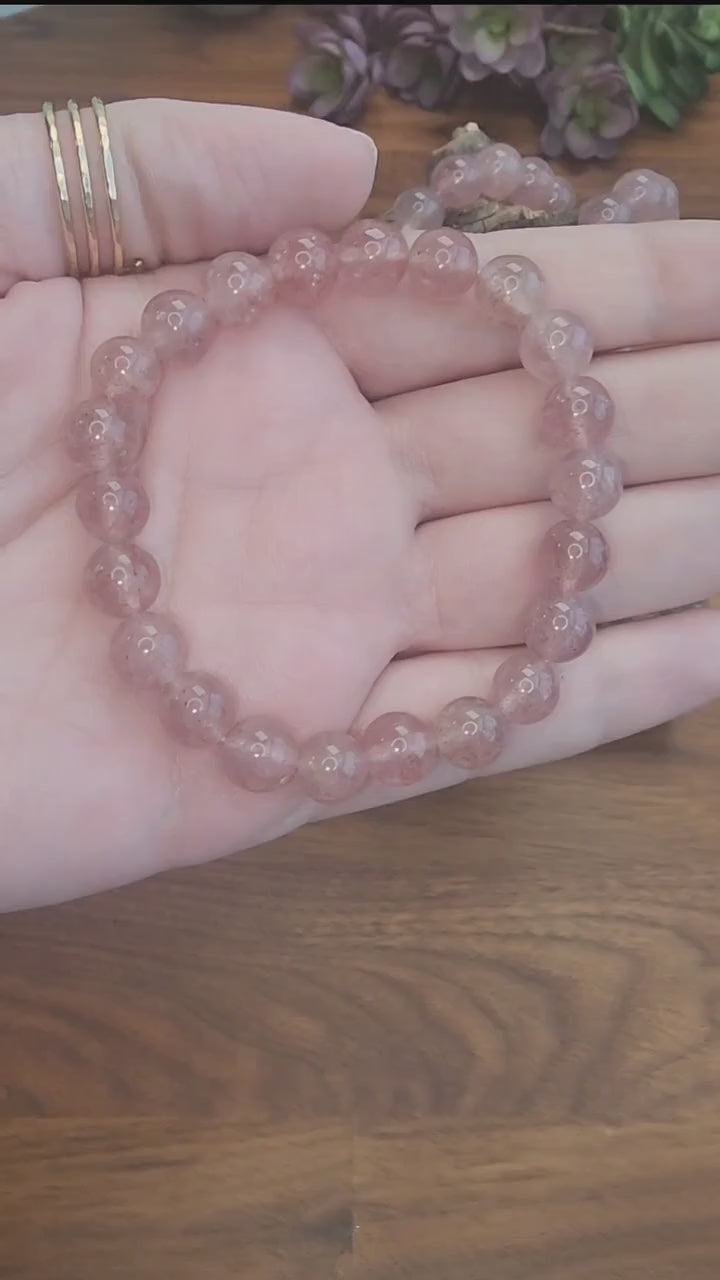Inv - Lavendar Strawberry Quartz Bracelet: 8MM Purple-ish Pink-ish Red-ish Crystal Beads | Fun Easter Basket gift,  Valentine, or Moms Day