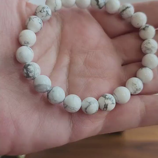 Inv - Howlite Bracelet: 8MM Beaded Crystal Jewely | White & Gray Marbled Stretch Natural Gemstone Gift | Neutral Matching Friend, Couples