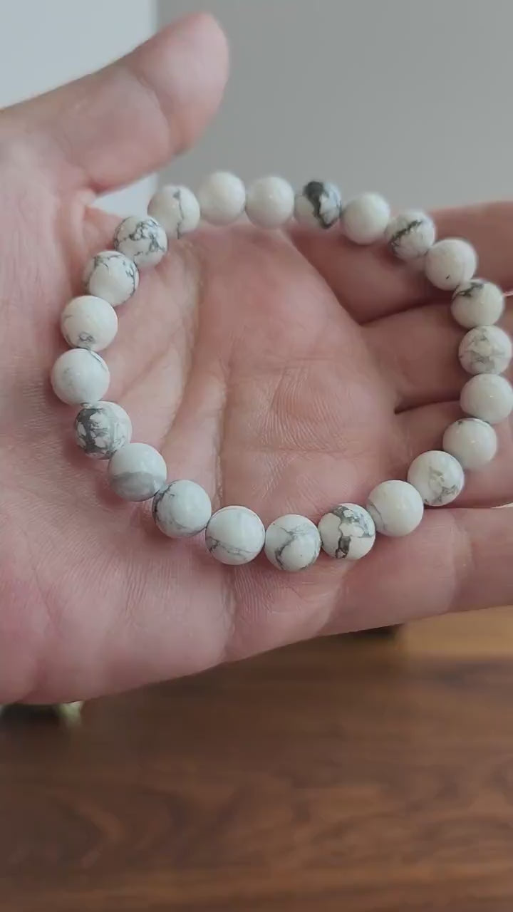 Inv - Howlite Bracelet: 8MM Beaded Crystal Jewely | White & Gray Marbled Stretch Natural Gemstone Gift | Neutral Matching Friend, Couples