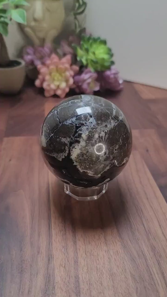 Volcanic Agate Crystal Sphere (85 MM): White, Black, Brown, and Gray