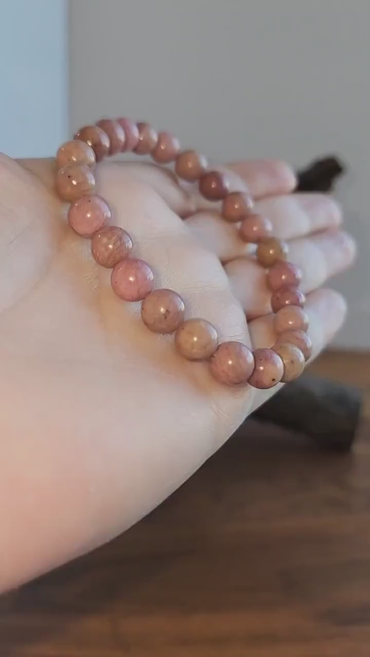 Pink Rhodonite Bracelet | 8MM Natural Blush Crystal Beads | Girly Jewelry for Spring and Pastel Lover | Little Girl Birthday Gift or New Mom