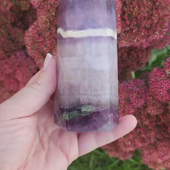 Large Rainbow Flourite Tower. Amazing White Band in the Middle with Strong Purple Coloring and Green Inclusions. (Imperfect)