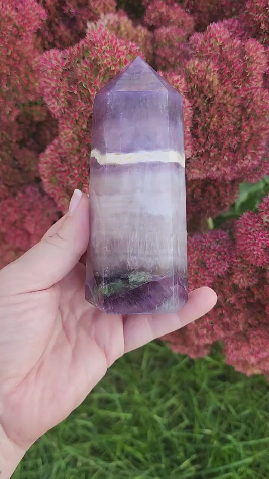 Large Rainbow Flourite Tower. Amazing White Band in the Middle with Strong Purple Coloring and Green Inclusions. (Imperfect)