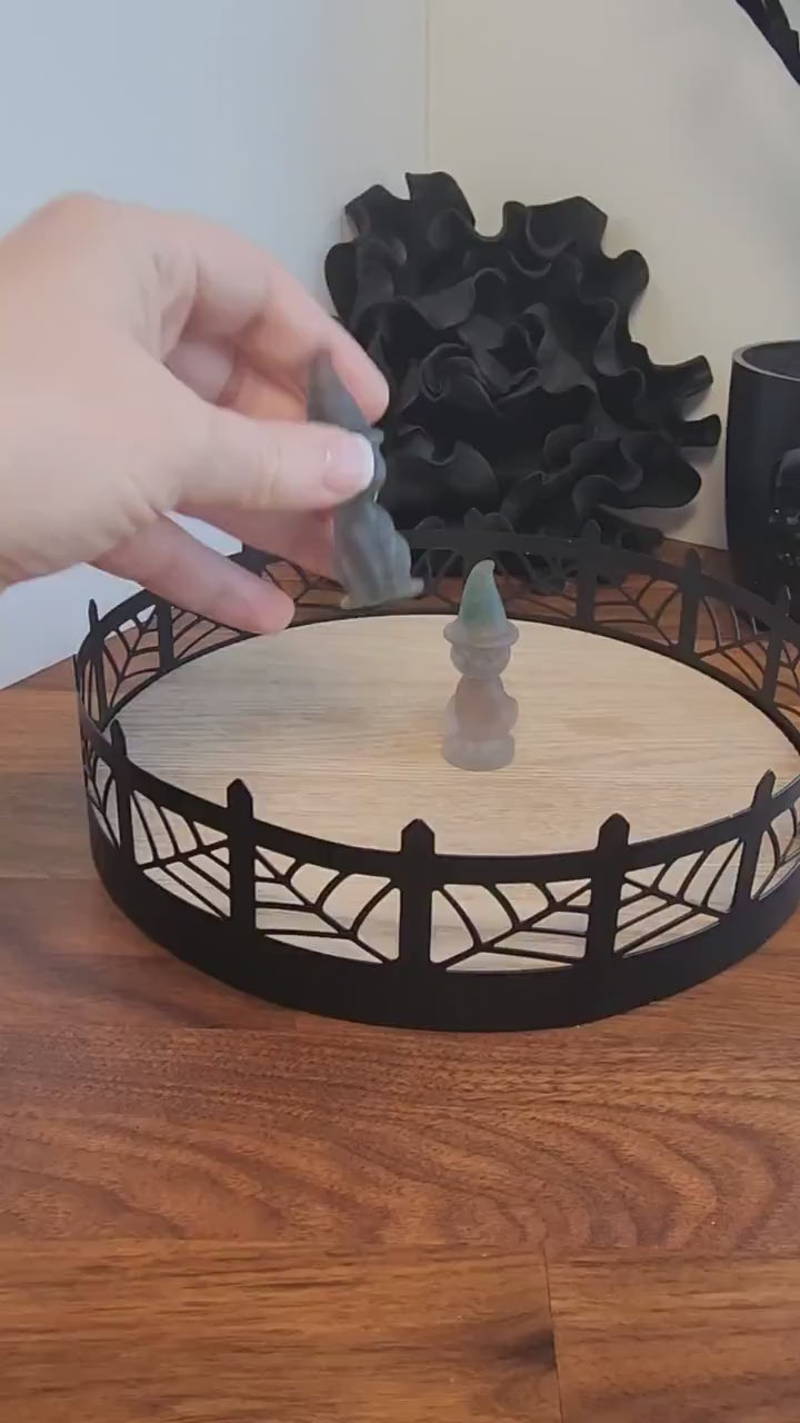 Obsidian Crystal Cat with Witch Hat: Spooky Halloween Decor