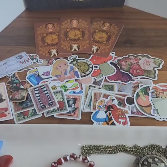 Wonderland Crystal Bundle: Pocket Watch, Cheshire Cat, Tarot, Stickers