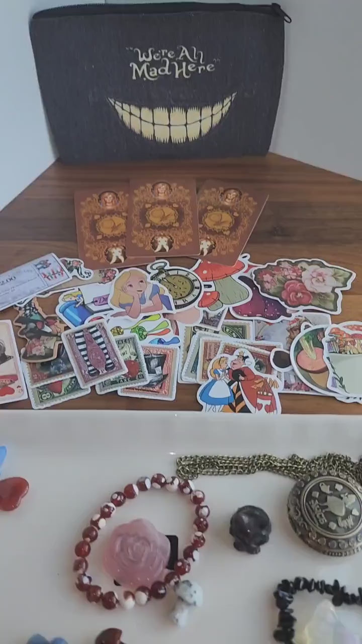 Wonderland Crystal Bundle: Pocket Watch, Cheshire Cat, Tarot, Stickers