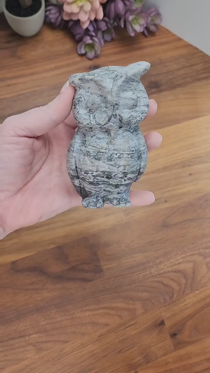 Picasso Jasper Owl Carving: Black & White Crystal Decor
