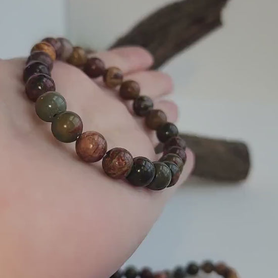 Red Pine Stone Bracelet: Earthy 8MM Crystal Bead Bracelet
