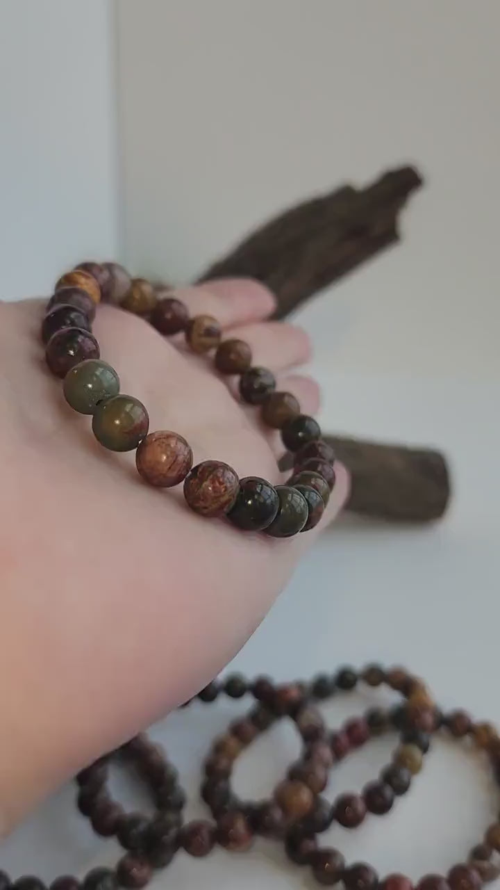 Red Pine Stone Bracelet: Earthy 8MM Crystal Bead Bracelet