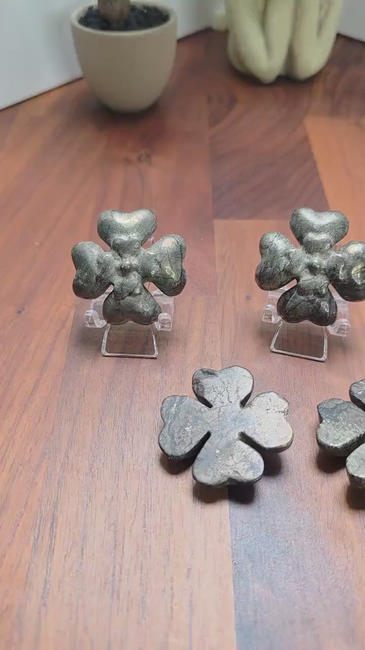 Pyrite Four Leaf Clover Carving: Golden Fools Gold