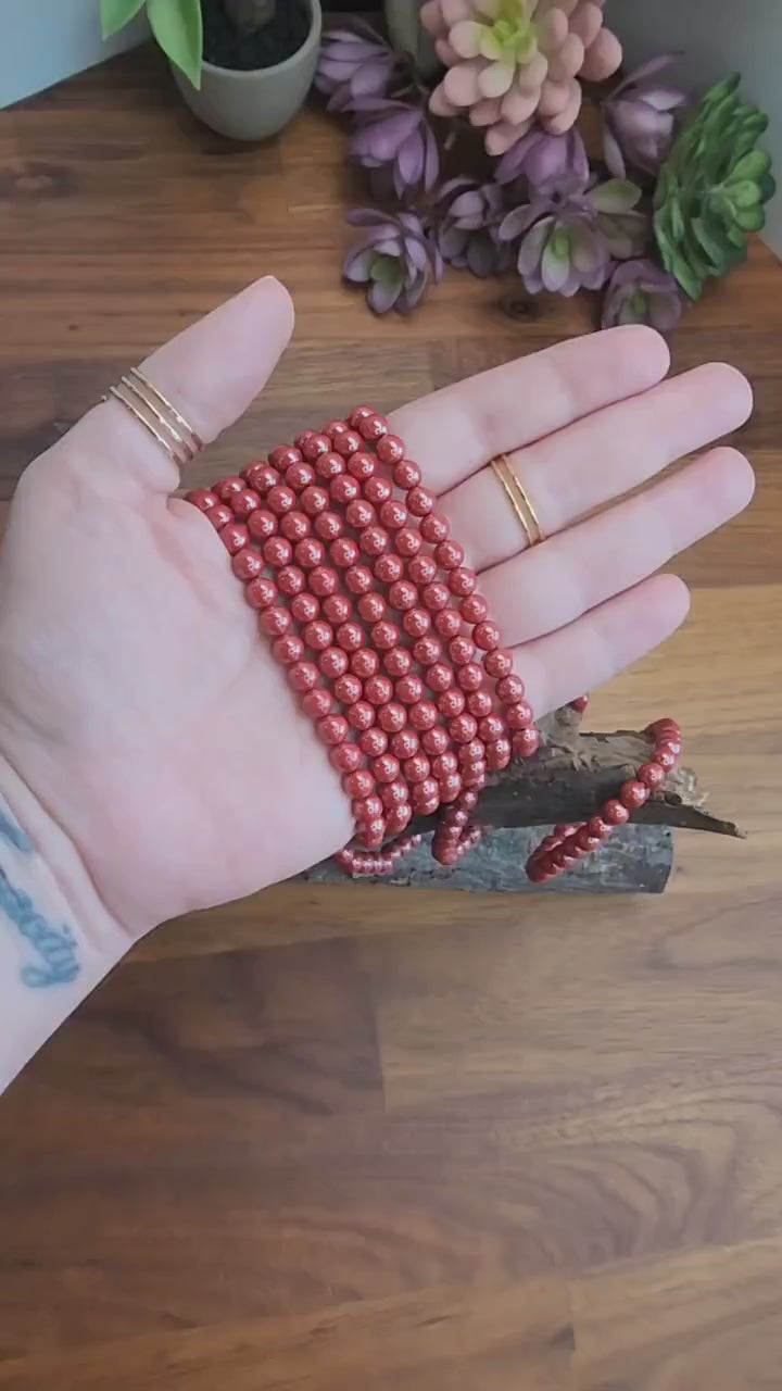 Inv - Cinnabar Crystal Bracelet | 6MM | Gorgeous Rosey Red Shimmer | Polished Crimson Beads on Stretchy Elastic Band | Christmas Jewelry