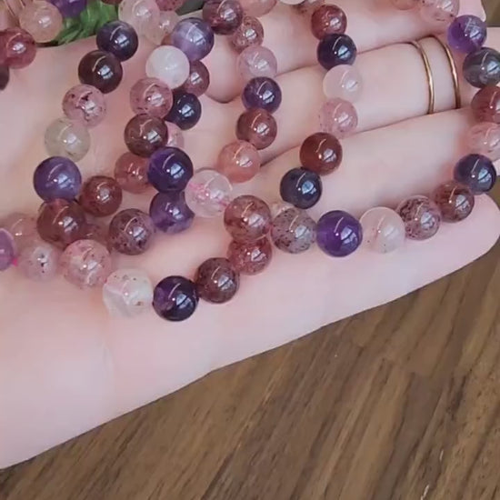 Super 7 Bracelet: 7.5 MM Sacred Seven Melody Stone Crystal Beads | Natural Rainbow Purple, Red, Pink Jewelry | Rare High Vibration Energy