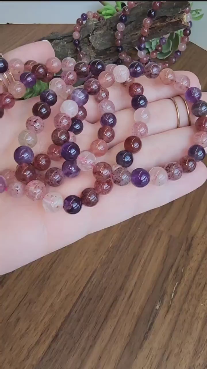 Super 7 Bracelet: 7.5 MM Sacred Seven Melody Stone Crystal Beads | Natural Rainbow Purple, Red, Pink Jewelry | Rare High Vibration Energy