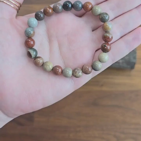 Inv - American Picture Jasper Bracelet: 8MM Crystal Jewelry | Red, Gray, Blue Polychrome for Patriotic Gifts, Veterans or 4th of July Summer